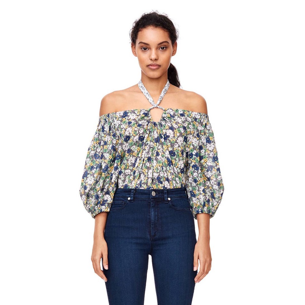 La Vie Rebecca Taylor Off-The-Shoulder Suzette Floral Top Size Small